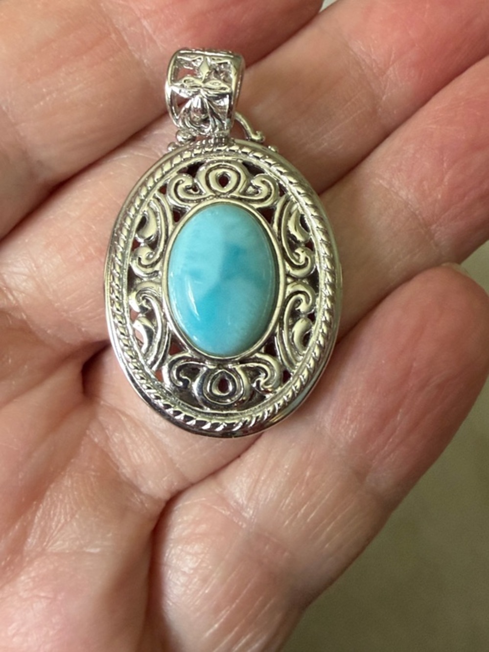 Sterling Silver Oval Pendant With Larimar Stone